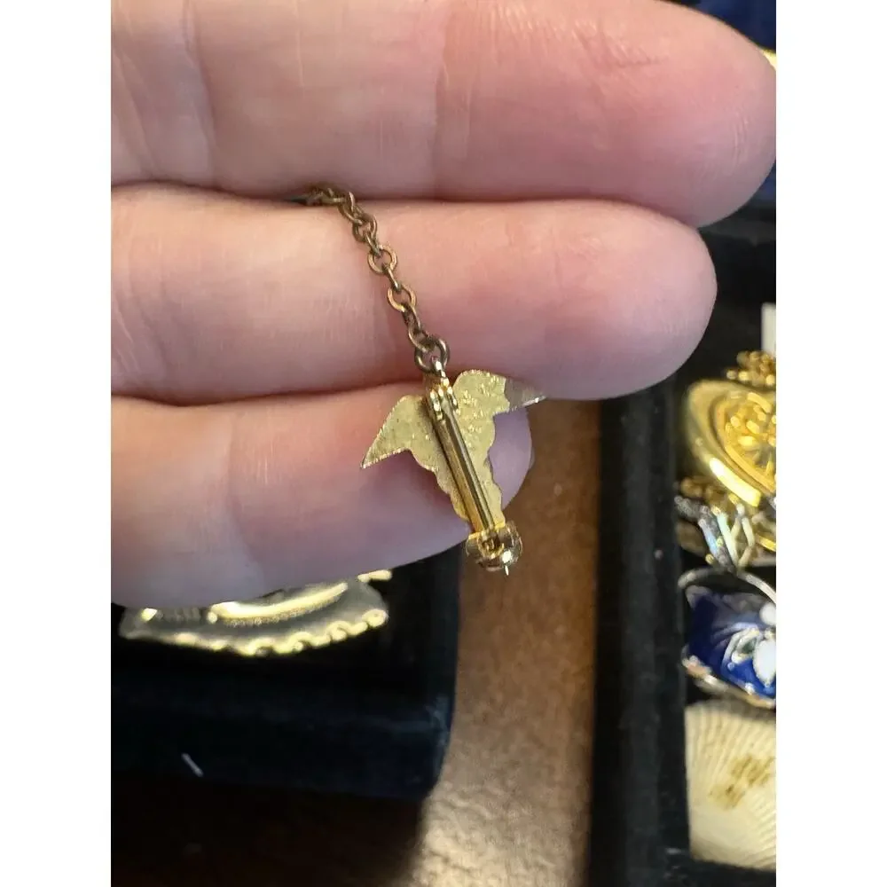 Vintage Gold Tone Caduceus LVN Nurse Pin Chain Dangle Lapel Brooch Medical